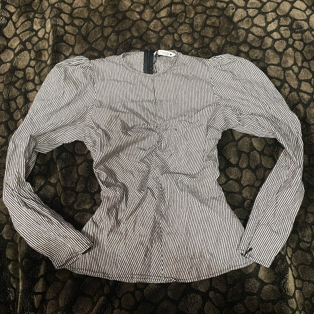 Zara Black and White Striped Blouse with Puffed Sleeves